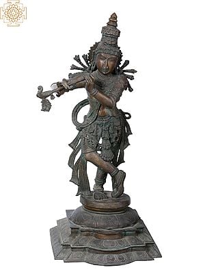 36'' Large Lord Krishna Playing Flute | Madhuchista Vidhana (Lost-Wax) | Panchaloha Bronze from Swamimalai