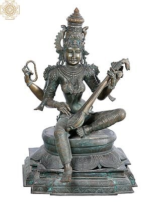 28'' Sitting Goddess Saraswati Panchaloha Bronze Statue from Swamimalai