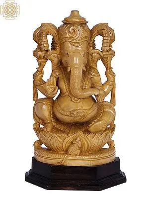 Hand Carved Wooden Ganesha Statue Seated on Lotus - 12 Inch