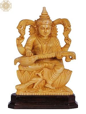 12" Wooden Goddess Saraswati Sculpture