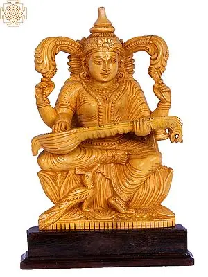 12" Wooden Saraswati Statue: Deity of Knowledge & Arts
