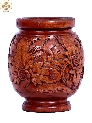 Intricately Carved Wooden Vase with Flower Motifs - 9 Inch