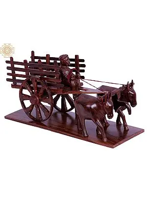 Wooden Bull Cart Statue with Farmer