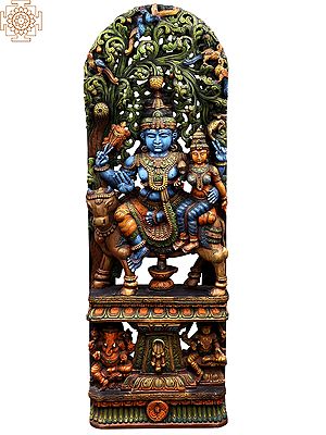 72" Large Wooden Shiva Parvati Seated on Nandi