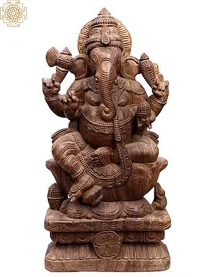 Chaturbhuja Ganesha Sculpture - 24" Seated Wooden Deity