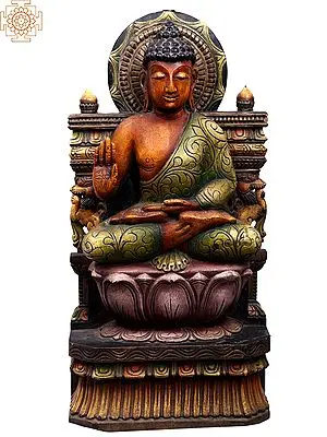 24" Wooden Blessing Buddha Idol Seated on Lotus Throne