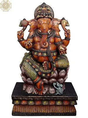 Hand-Carved 39" Wooden Ganesha Statue on Lotus Flower