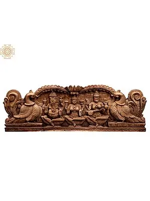 Divine Trinity: Ganesha, Lakshmi, Saraswati Wood Carving Panel