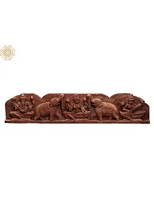 Carved Wooden Panel: Ganesha, Gaja Lakshmi, and Saraswati with Elephants