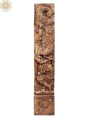Large Wooden Lord Ganesha Playing Flute Wall Panel - 36 Inch