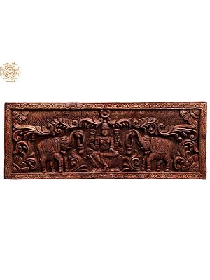36" Large Wooden Gaja Lakshmi Seated on Lotus Wall Panel