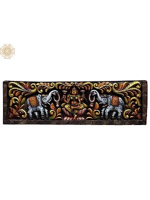36" Large Wooden Colorful Gaja Lakshmi Seated on Lotus Wall Panel