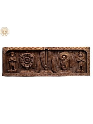 36" Large Wooden Vaishnava Symbols (Conch, Tilak and Chakra) with Hanuman and Garuda Wall Panel