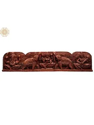 36" Wood Carving Panel of Ganesha, Gaja Lakshmi, and Saraswati