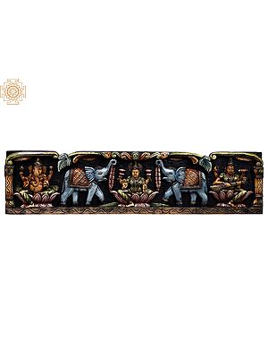 35" Large Wooden Colorful Ganesha, Gaja Lakshmi and Saraswati Wall Panel