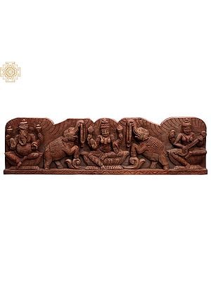 32" Large Wooden Ganesha, Gaja Lakshmi and Saraswati Wall Panel