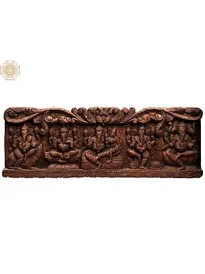 36 Inch Carved Wooden Panel Featuring Lord Ganesha's Diverse Forms