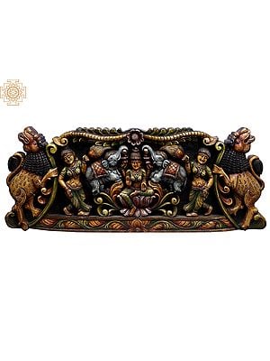 37" Large Wooden Gaja Lakshmi Seated on Lotus Wall Panel