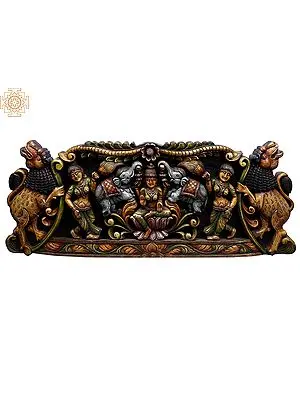 Gaja Lakshmi Seated on Lotus | 37" Large Wooden Wall Panel
