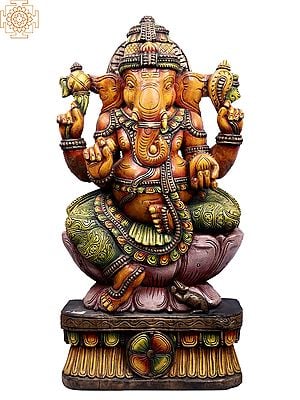 35" Large Wooden Four Hands Lord Ganesha Seated on Lotus