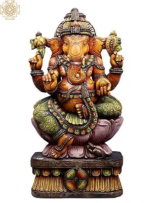 Seated Four-Handed Lord Ganesha Wooden Idol, 36 Inches Tall