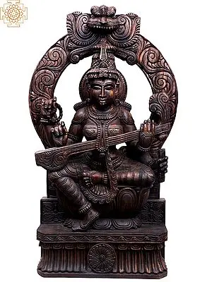 36" Large Wooden Devi Saraswati Sculpture