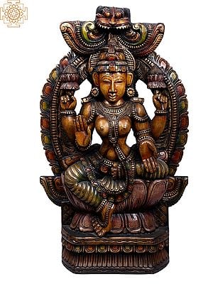 35" Large Wooden Goddess Lakshmi Seated on Lotus