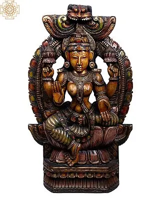 Wooden Goddess Lakshmi Statue, Large Size, Seated on Lotus