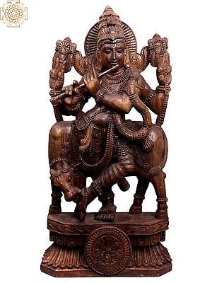 37" Large Wooden Lord Venugopal (Krishna) Playing Flute with Cow