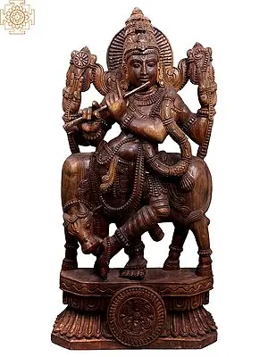 Lord Venugopal Wooden Sculpture - 37" Krishna with Flute and Cow