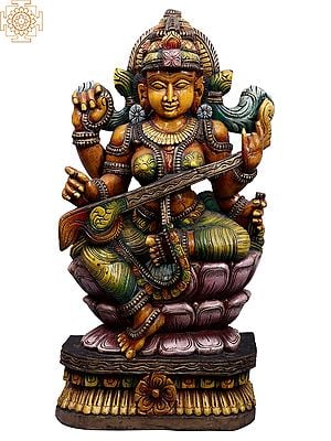 36" Large Wooden Sitting Goddess Saraswati on Lotus