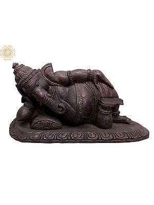 18" Wooden Relaxing Lord Ganesha Sculpture