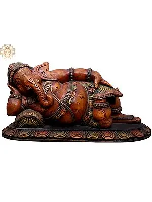21" Wooden Reclining Lord Ganesha Statue