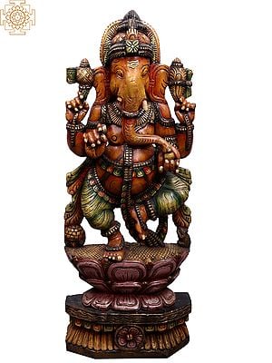 47" Large Wooden Dancing Lord Ganesha on Lotus
