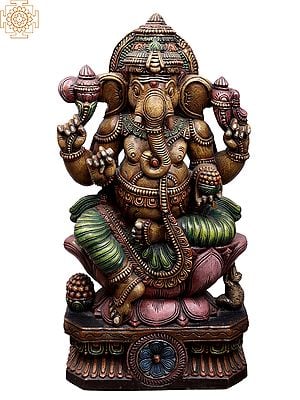 35" Large Wooden Chaturbhujadhari Lord Ganesha