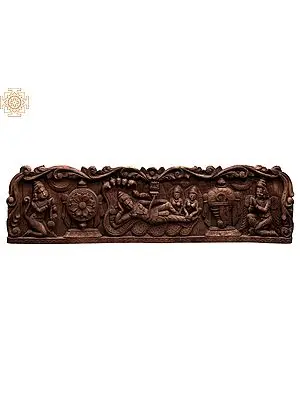 48" Large Wooden Shesha-Shayi Lord Vishnu Panel with Garuda and Hanuman