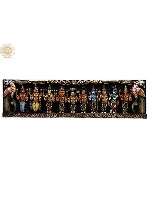 36" Large Wooden Colorful Ten Incarnations of Lord Vishnu (Dashavatara) Wall Panel