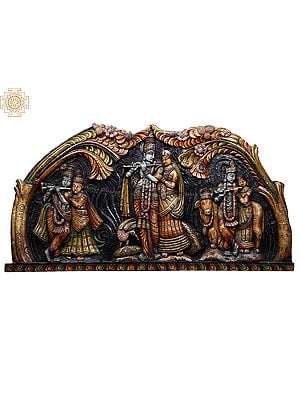 42" Large Wooden Radha-Krishna Wall Panel