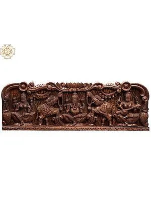 38" Large Wooden Panel: Gaja Ganesha, Lakshmi & Devi Saraswati
