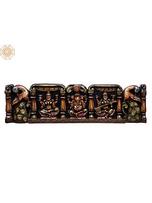 36" Large Wooden Lakshmi, Ganesha & Saraswati Seated on Lotus Wall Panel