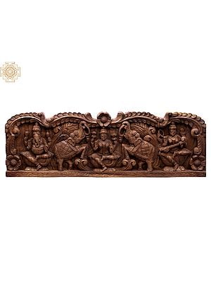 36" Large Wooden Gaja Lakshmi with Ganesha and Saraswati Wall Panel