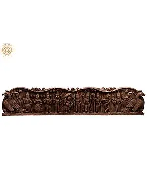 Lord Vishnu's Ten Avatars: 60" Carved Wooden Wall Panel
