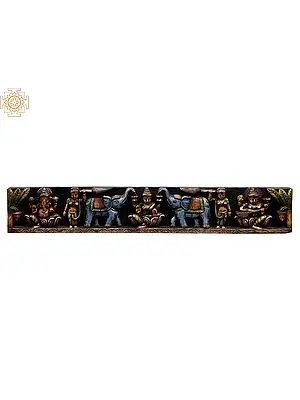 Divine Trinity Wall Panel: Gaja Lakshmi, Ganapati, Saraswati - 36 Inch Wood Carving