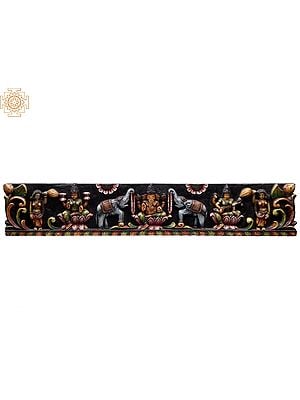 48" Large Wooden Colorful Gaja Ganesha, Lakshmi and Saraswati Wall Panel