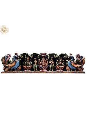 48" Large Wooden Lakshmi, Ganesha and Saraswati Seated on Lotus Wall Panel