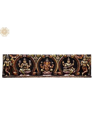 46" Large Wooden Colorful Sitting Lakshmi, Ganesha & Saraswati Wall Panel