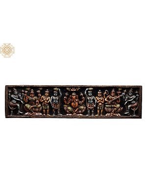 48" Large Wooden Devi Lakshmi, Lord Ganesha & Devi Saraswati Wall Panel