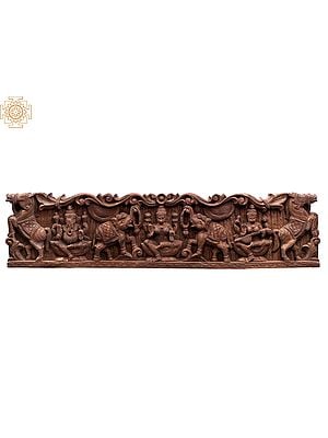 48" Large Wooden Ganesha, Gaja Lakshmi and Saraswati Wall Panel
