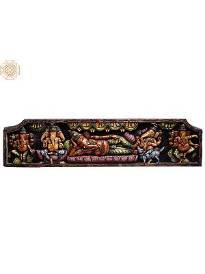 48" Large Wooden Relaxing Lord Ganesha on Lotus with His Different Forms Wall Panel