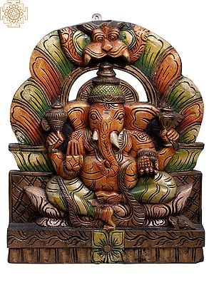 19" Wooden Sitting Lord Ganesha with Kirtimukha Wall Hanging